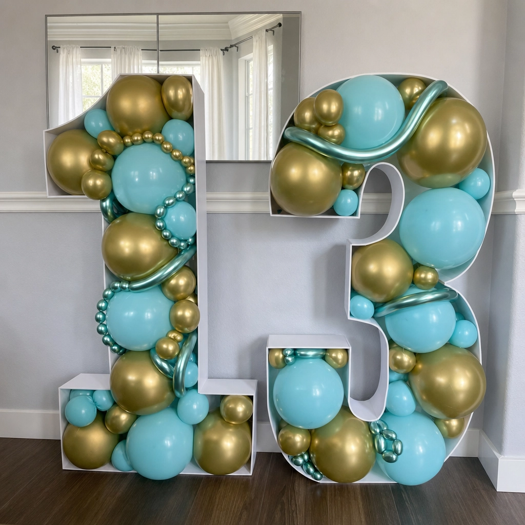 Aqua and gold balloon add-on with marquee numbers